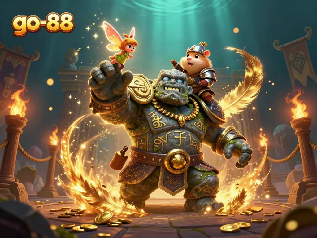 Experience thrilling action at go-88 with a golem, fairy, and hamster knight amidst golden winnings.