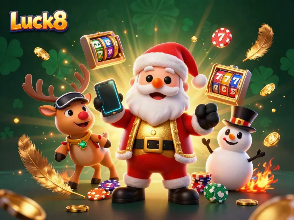 Engaging illustration of Luck8 with Santa and a reindeer at a vibrant casino, emphasizing jackpot excitement.