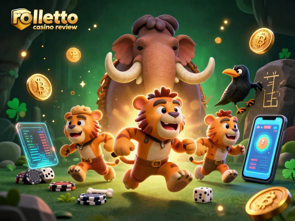 Engage with the rolletto casino review illustration showing a lively prehistoric casino with crypto elements.