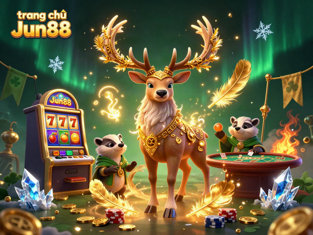 Spin to win at trang chủ Jun88 with a vibrant scene highlighting exciting slots, druid characters, and dynamic elements.