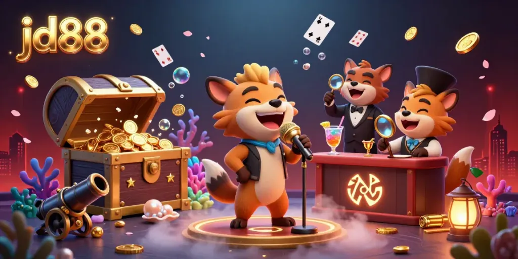 Hyenas bringing humor to JD88 casino, mixing drinks and checking IDs amidst treasure and bioluminescent corals.