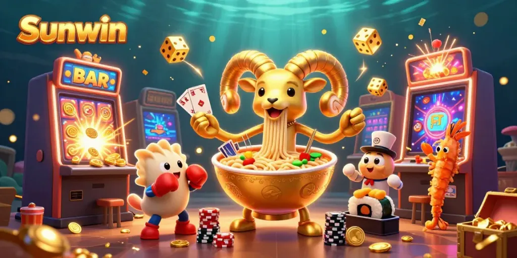 Sunwin showcases a vibrant gaming atmosphere with lively characters, game elements, and dynamic actions representing an online casino.