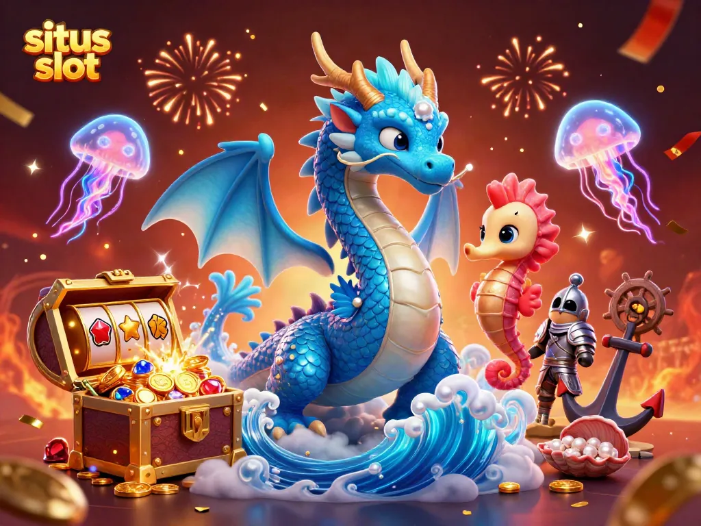 Experience thrilling situs slot action with glowing jellyfish and a majestic water dragon in a vibrant casino scene.