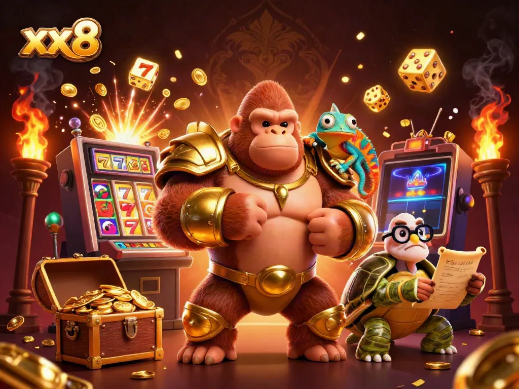 Experience the thrill of winning at xx8 with a golden gorilla king and chameleon beside a jackpot machine.