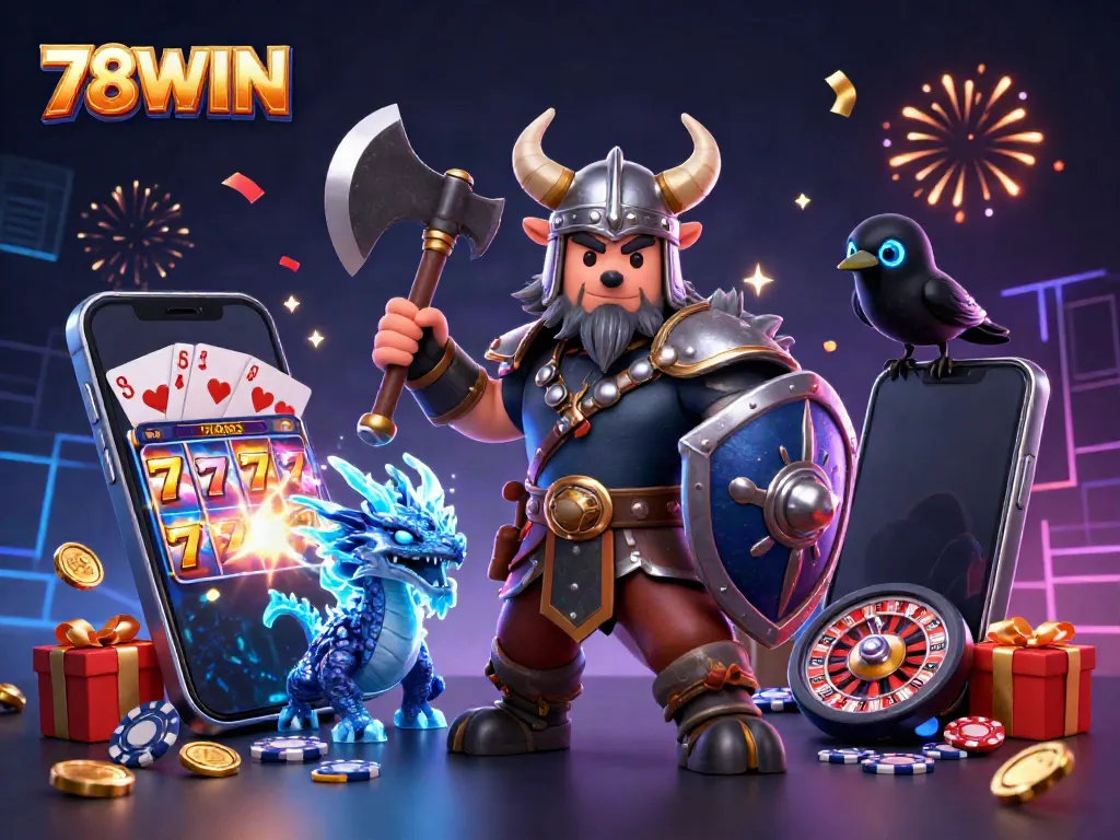 Participate in exciting gameplay with 78WIN as a 3D Viking warrior and dragon amidst vibrant slot game elements.