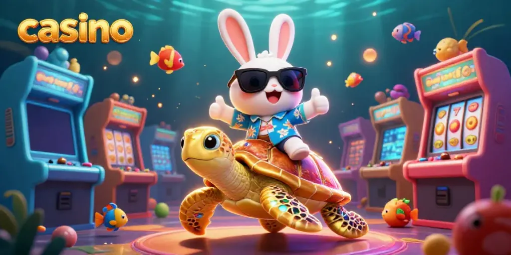 Engage in thrilling casino fun with a lucky rabbit and a sea turtle in a vibrant, colorful underwater scene.