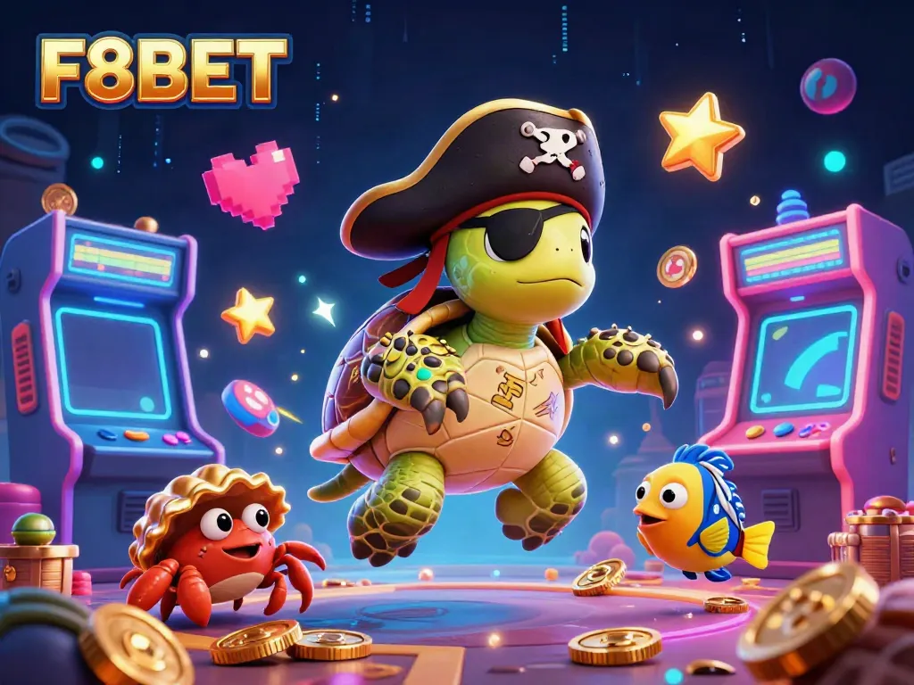Engage in thrilling casino adventures with F8BET featuring a pirate turtle, golden hermit crab, and vibrant arcade game elements.