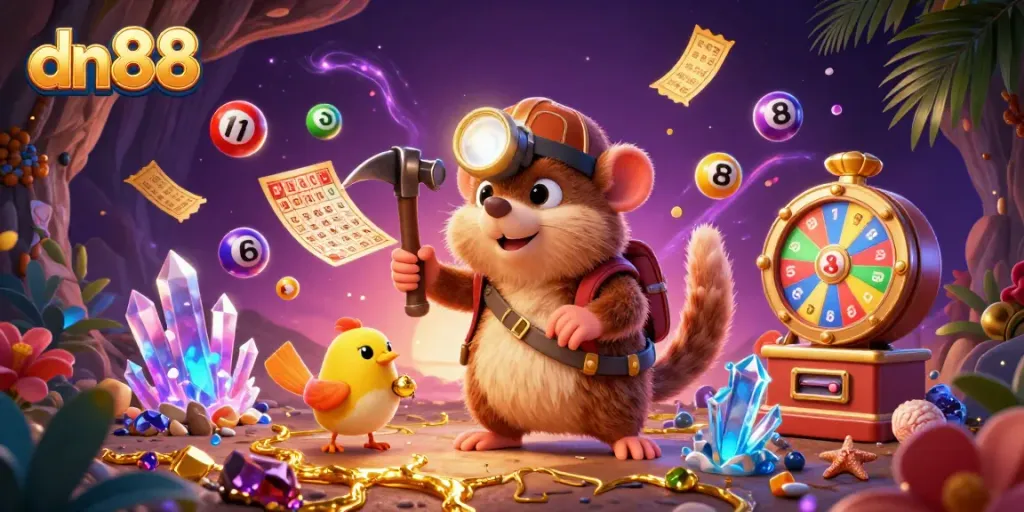 Join the treasure hunter mole at dn88 as he mines for gems amidst a vibrant casino scene filled with lottery balls and prizes.