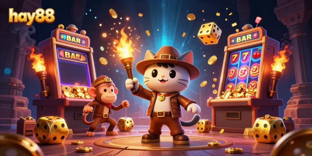 Experience the excitement of hay88 with a vibrant 3D casino adventure featuring a cat archaeologist and a monkey companion.