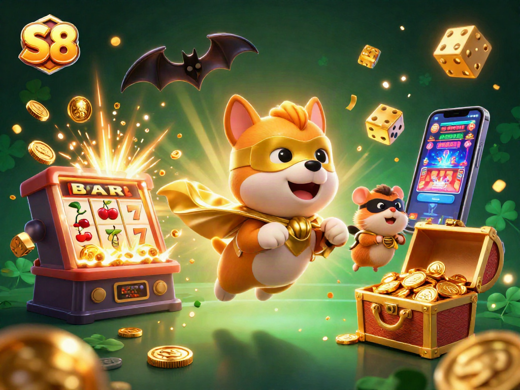 S8 casino-themed illustration with a superhero dog and dynamic gaming elements.