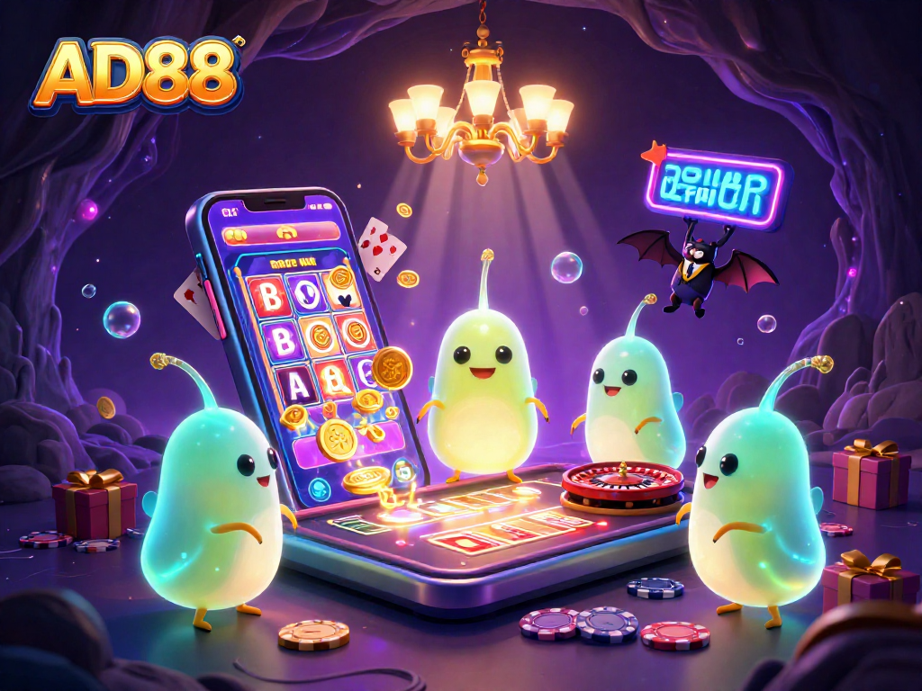 Experience the vibrant AD88 casino scene with glowing characters and dynamic gaming elements.