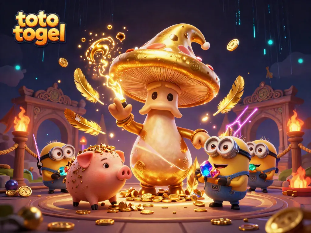 Experience toto togel excitement with a magical mushroom wizard and treasures in an enchanting casino scene.