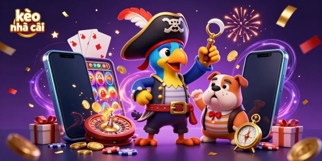 Engage with kèo nhà cái as a pirate crew navigates a dynamic casino scene filled with colorful game elements.