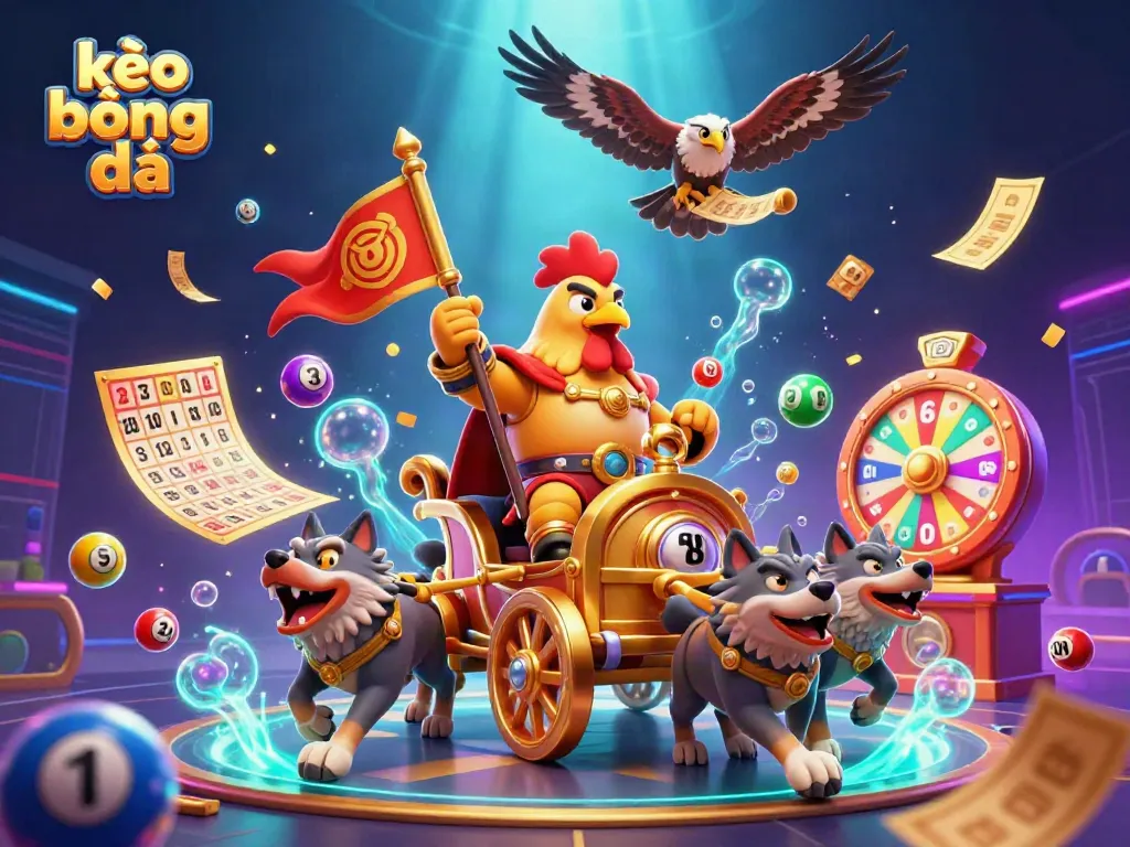 Engage with kèo bóng đá in a vibrant 3D casino scene featuring dynamic gaming elements and colorful lottery balls.