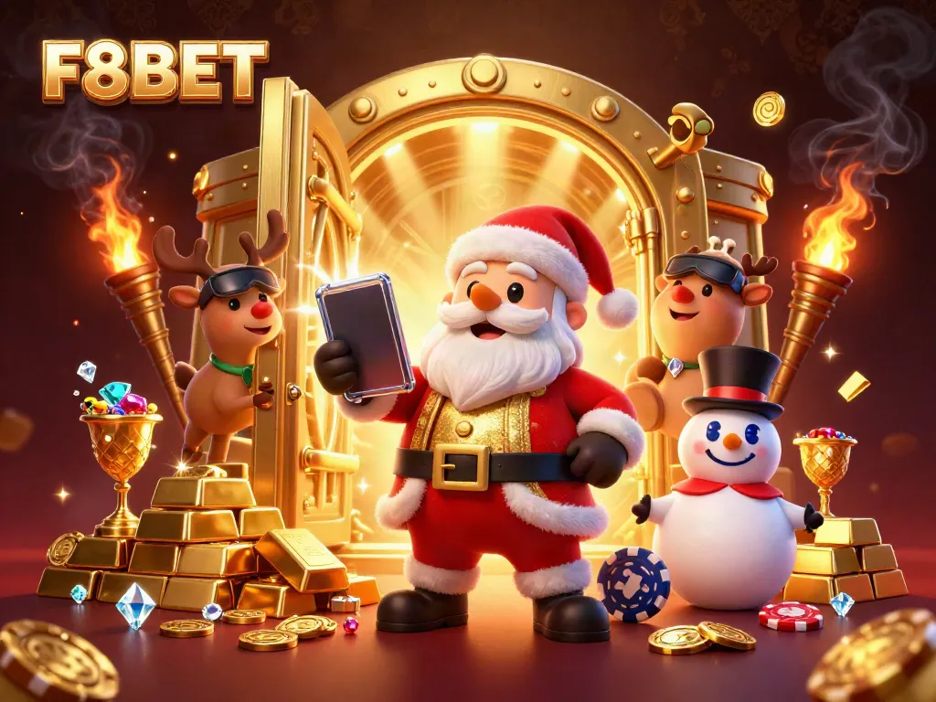 Join the excitement of F8BET with Santa Claus, jackpot slots, and vibrant casino symbols