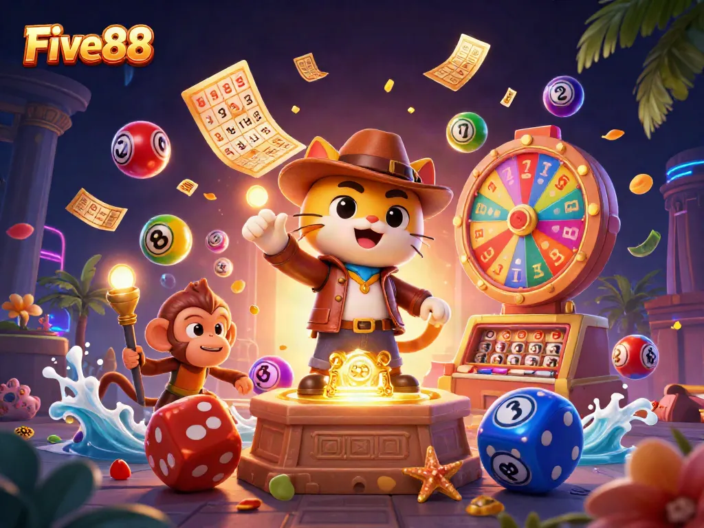 Experience the thrill at Five88 with vibrant lottery balls and an adventurous cat in a digital casino.