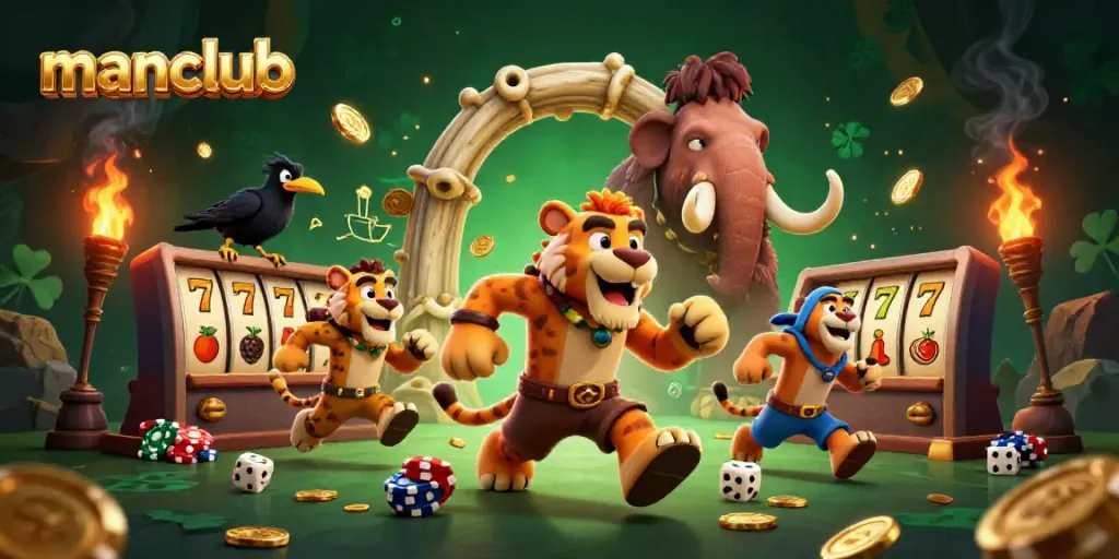 Experience thrilling manclub excitement with a vibrant prehistoric casino scene featuring unique characters.