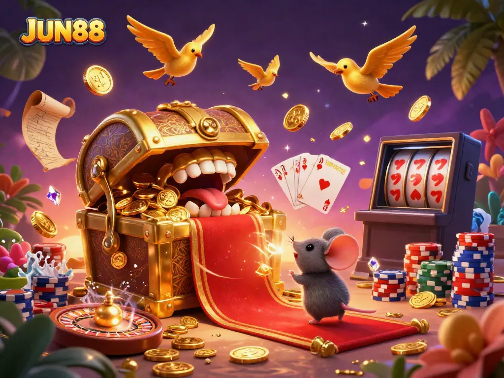 Engage with the vibrant JUN88 treasure chest scene filled with golden coins and dynamic gambling elements.