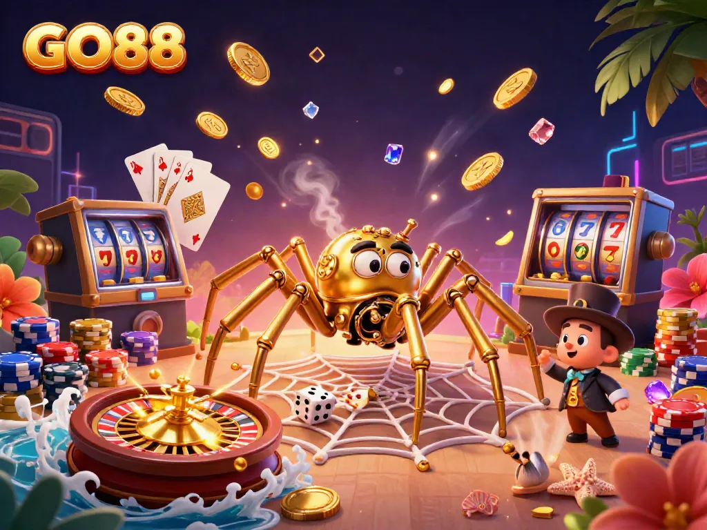 Experience the thrill of GO88 with a vibrant casino scene filled with colorful poker chips and golden prizes.
