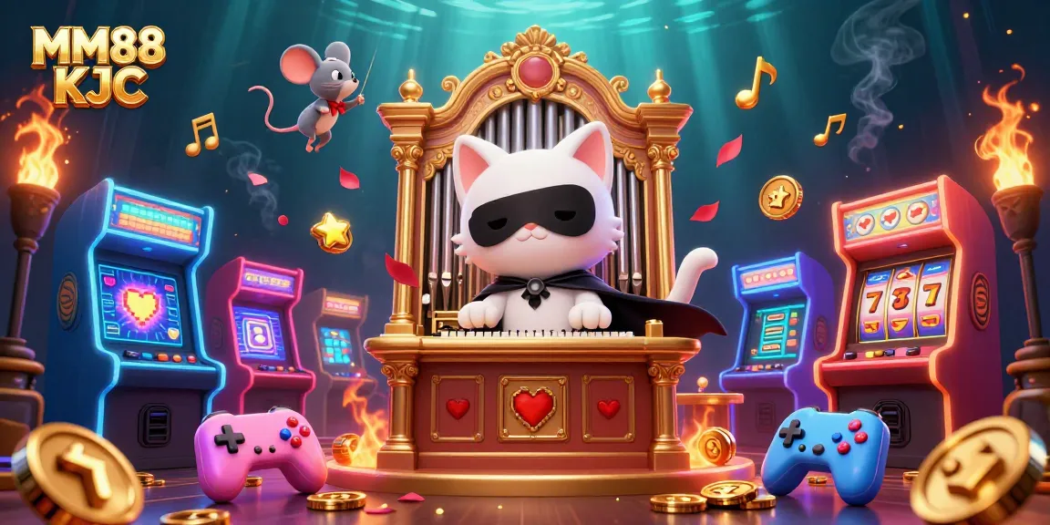 Engage with MM88 KJC's vibrant casino world, featuring a phantom cat and mouse acrobat amidst gaming elements.
