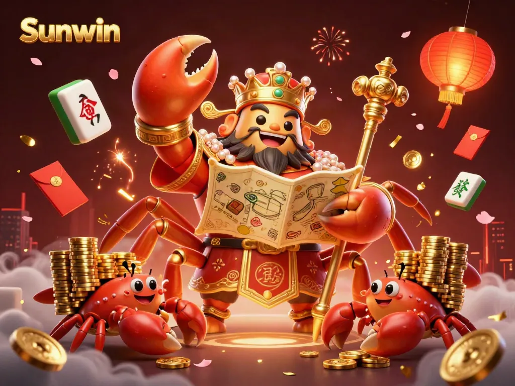 Experience the vibrant world of Sunwin with a golden crab emperor in a dynamic casino scene showcasing luxuries and excitement.