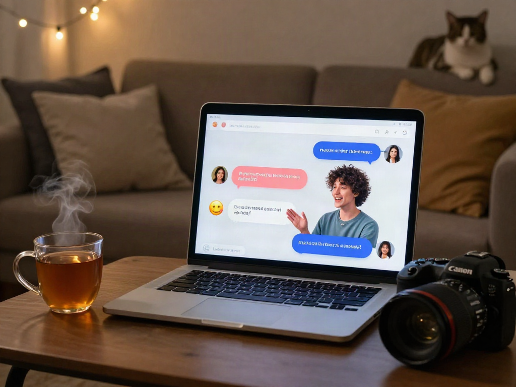 Cozy living room with user chatting through nsfw ai chat on laptop, playful emojis visible.
