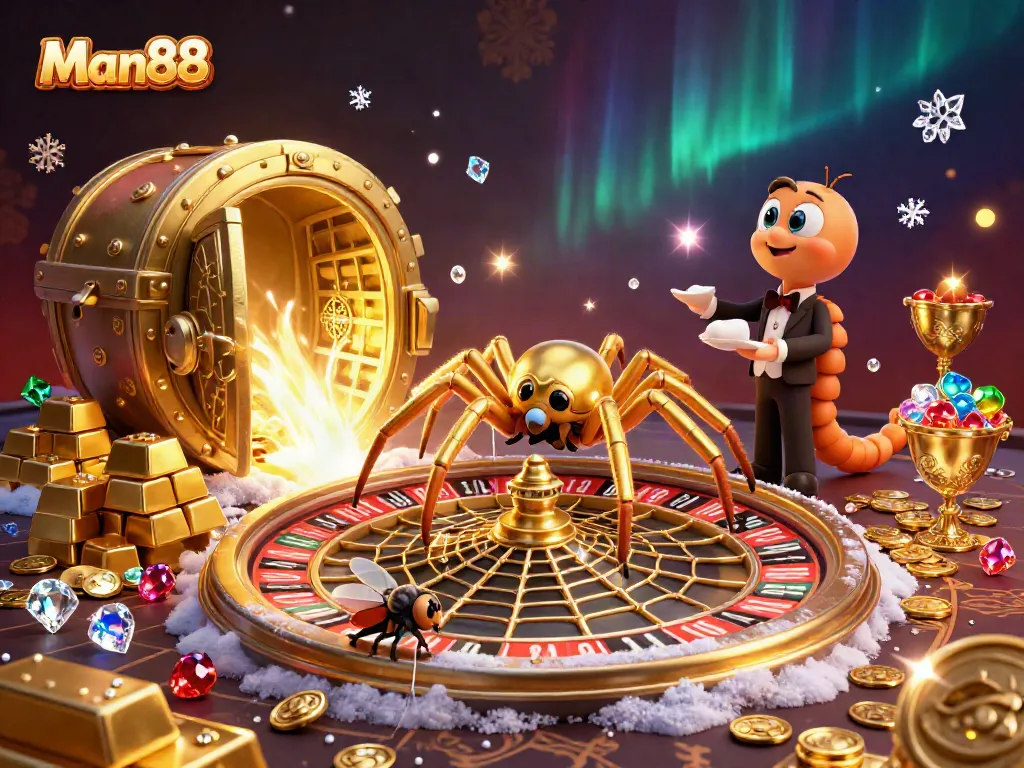 Experience thrilling bets with Man88, featuring a fly and croupier spider in a grand casino setting.