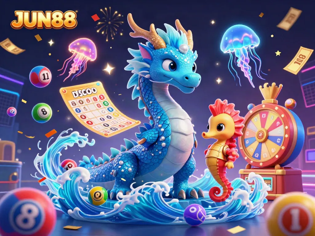 Experience the excitement of JUN88 with a vibrant underwater gaming celebration, featuring a majestic dragon and marine characters.