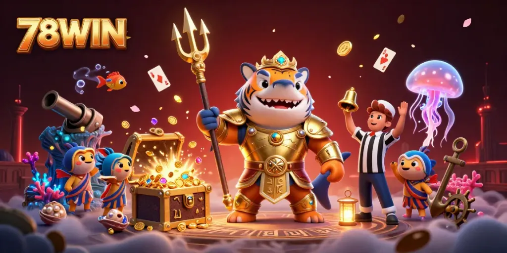 Experience the thrill of 78WIN with a spirited underwater battle scene featuring a gladiator tiger shark.