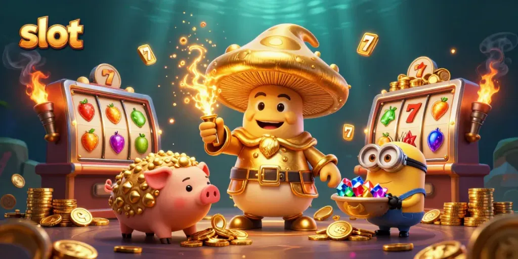 Spin the reels of slot machines alongside a magical golden wizard and treasure-hunting pig.