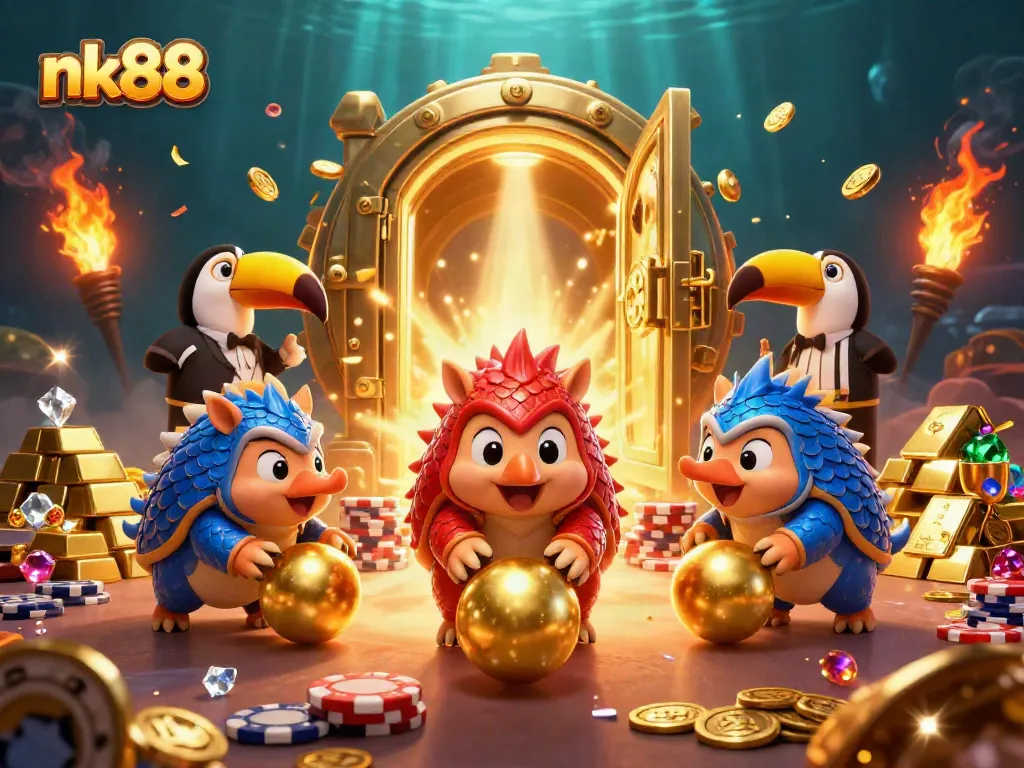 Nk88 featured scene with rival pangolins bowling through poker chips in a vibrant casino environment.