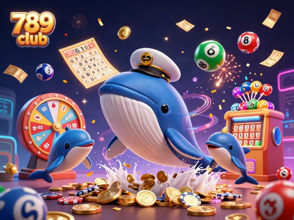 Experience the excitement of 789 club with a whale, narwhal, and dolphins in a vibrant gambling scene.