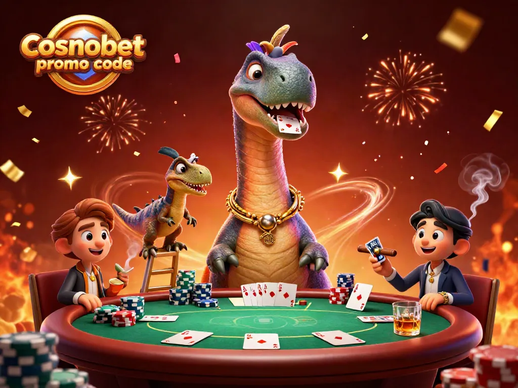 Experience excitement at the casino with the cosmobet promo code as vibrant characters surround a poker table.