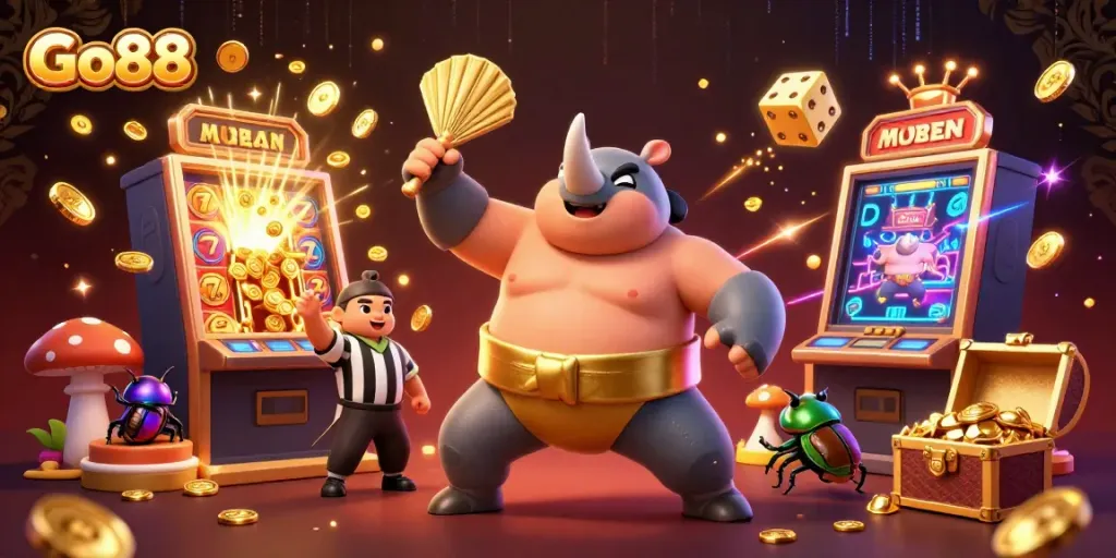 Experience thrilling gameplay at Go88 with a vibrant casino scene featuring charismatic characters and dynamic game elements.