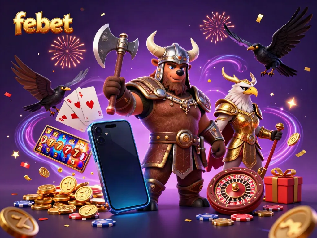 Experience the thrill of febet with a 3D illustrated Viking bear and Valkyrie, amidst vibrant gaming elements.