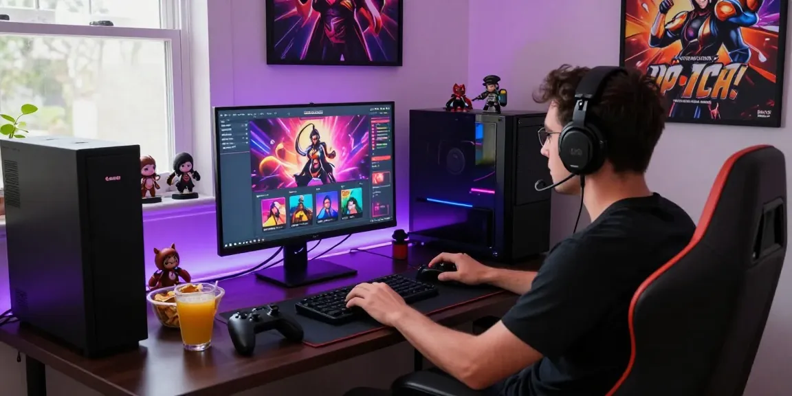 Player engaged in immersive sex games on a high-performance laptop in a vibrant gaming environment.
