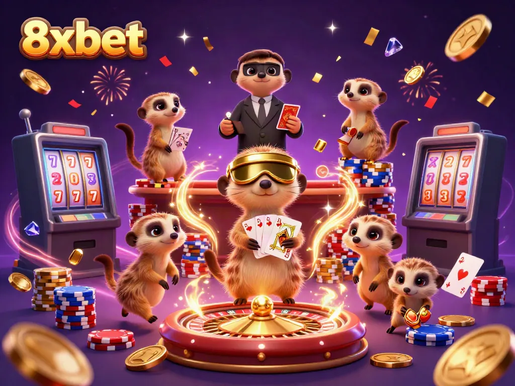 Experience the excitement of 8xbet with playful meerkats in a vibrant casino scene.