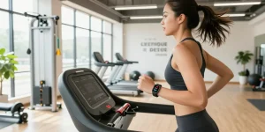 Dynamic fitness studio featuring a woman running on a treadmill while wearing a health tracker, showcasing an energetic workout atmosphere.