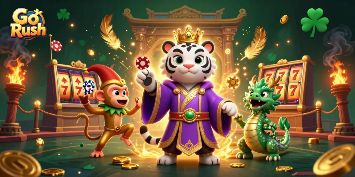 Engage in Go Rush gaming with a vibrant 3D illustration featuring a white tiger and golden monkey.