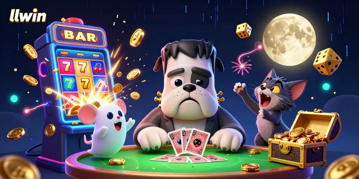 llwin immersive casino scene with bulldog dealer, gold moon and slot symbols bursting.