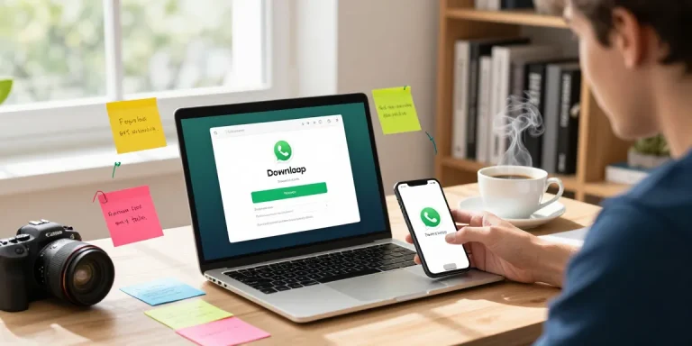 WhatsApp下載 process illustrated in a professional workspace with laptop, smartphone, and productivity tools.