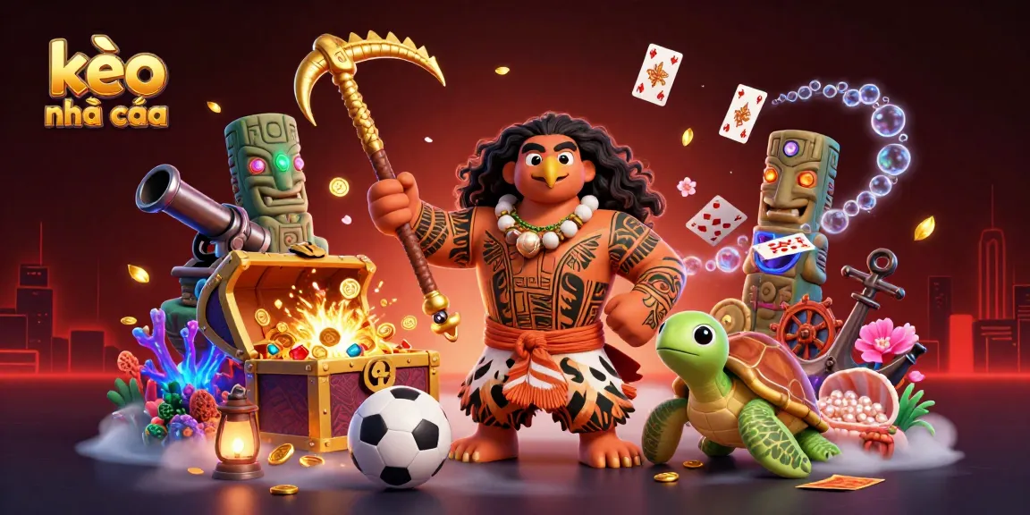 Experience the thrill of kèo nhà cái with this vibrant sports betting-themed illustration, featuring a demigod and turtle sidekick surrounded by dynamic game elements.