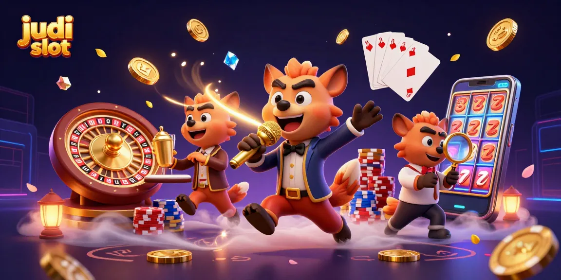 Experience thrilling judi slot action with a lively hyena comedy casino scene filled with gems and golden coins.