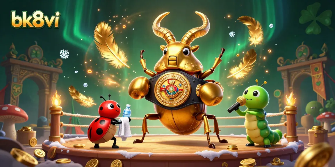 Experience thrilling gaming action at bk8vi with a giant golden stag beetle in a boxing arena.
