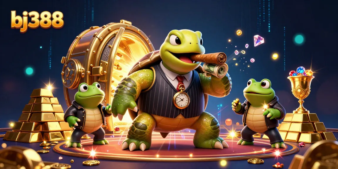 Win big with BJ388 featuring animated characters and vibrant casino elements in an exciting gaming scene.