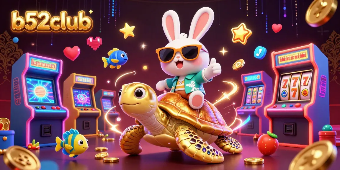 B52club players enjoying vibrant slots with a lucky rabbit on a golden turtle in a dazzling casino scene.