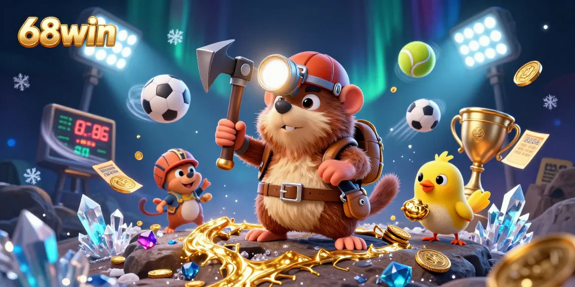 Experience excitement with 68win's dynamic gaming environment, featuring treasure hunter characters and thrilling sports elements.