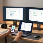 使用爱思助手管理iOS设备的专业技术工作环境，现代化办公设备与自然光照相结合。