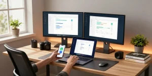 使用爱思助手管理iOS设备的专业技术工作环境，现代化办公设备与自然光照相结合。