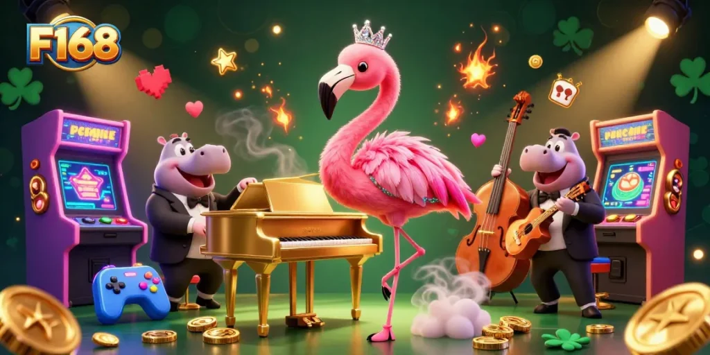 Experience F168's vibrant 3D casino scene with captivating characters, arcade machines, and colorful game elements.